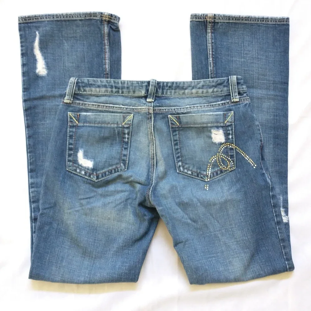 Mavi Erin 30x32 Low Front Comfort Hip Bootcut Jeans Distressed Glitter Pocket